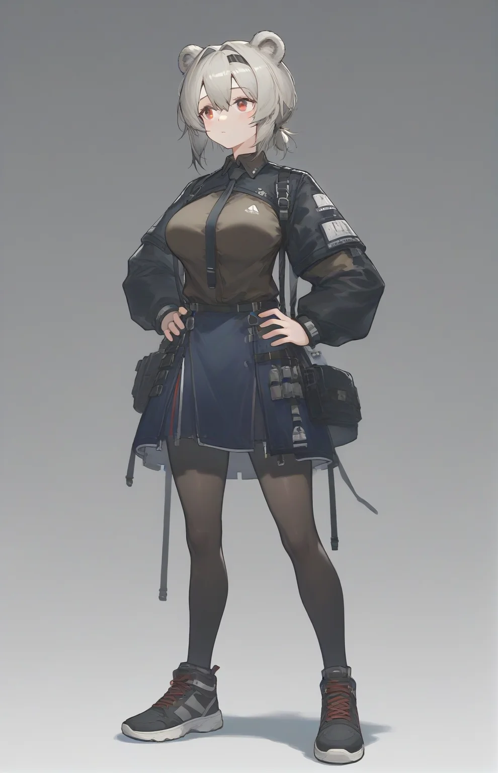 score_9,score_8_up,score_7_up,1girl,solo,light_blush,
<lora:Abstinthe-Pony-07:0.8>,
abstinthe-base,animal ears,bear ears,red eyes,short hair,brown hair,grey hair,bear girl,hair between eyes,short ponytail,large breasts,
bag,black necktie,brown shirt,black jacket,black pantyhose,blue skirt,grey hair,jacket,long sleeves,miniskirt,shoes,skirt,sneakers,rhodes island logo (arknights),
simple background,standing,hands on own hips,