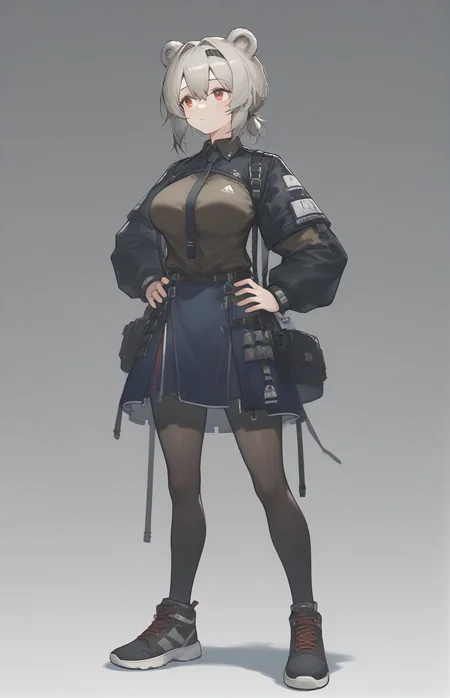 score_9,score_8_up,score_7_up,1girl,solo,light_blush,
<lora:Abstinthe-Pony-07:0.8>,
abstinthe-base,animal ears,bear ears,red eyes,short hair,brown hair,grey hair,bear girl,hair between eyes,short ponytail,large breasts,
bag,black necktie,brown shirt,black jacket,black pantyhose,blue skirt,grey hair,jacket,long sleeves,miniskirt,shoes,skirt,sneakers,rhodes island logo (arknights),
simple background,standing,hands on own hips,