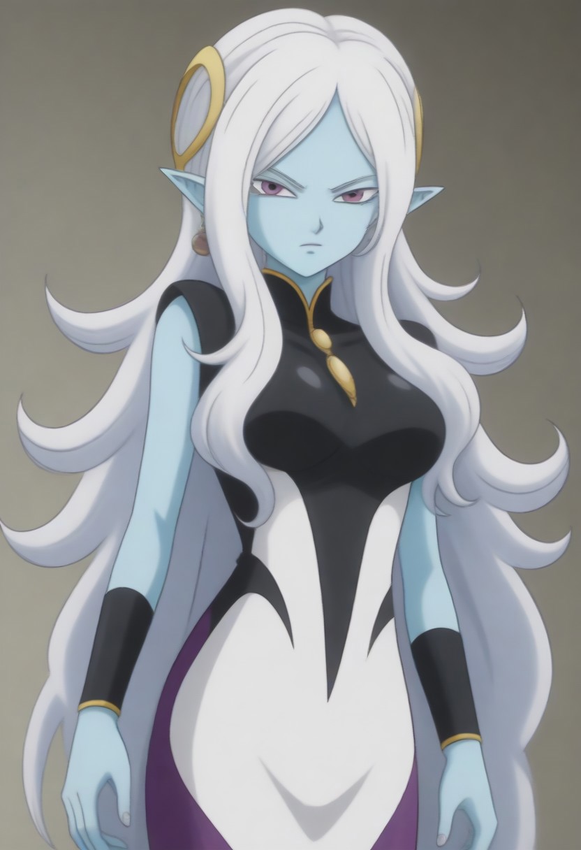 Masterpiece, Top Quality, source_anime, anime screencap, source_anime, auratheguillotine, anime screencap, masterpiece, source_anime, shiny skin,,,,towa(dragon ball), pointy ears, colored skin, blue skin, long hair, purple eyes,white hair, hair ornament, jewelry,