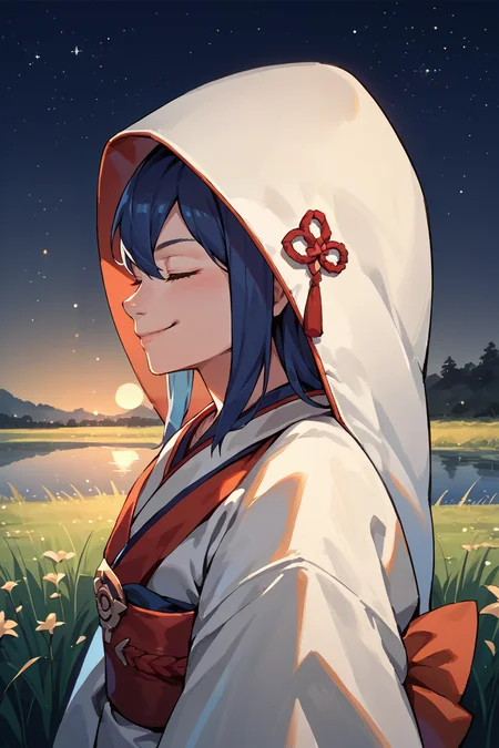 score_9, score_8_up, score_7_up, score_6_up, source_anime, 1girl, solo, <lora:feoboro-pdxl-nvwls-v1-000007:1> feobo, dark blue hair, hood, white kimono, red sash, long sleeves, from side, closed eyes, smile, happy, night sky, night, field, lake