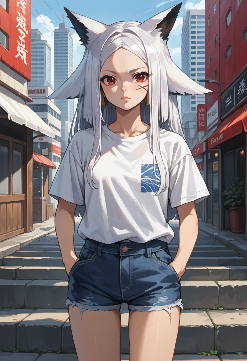 score_9, score_8_up, source_anime, 1girl, solo, Samurikku, red eyes, white hair, animal ears, long hair, facial mark, t-shirt, denim shorts, standing, outdoors, city, hands in pockets, <lora:ChamDyarikkuPonyXL:1>