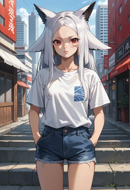 score_9, score_8_up, source_anime, 1girl, solo, Samurikku, red eyes, white hair, animal ears, long hair, facial mark, t-shirt, denim shorts, standing, outdoors, city, hands in pockets, <lora:ChamDyarikkuPonyXL:1>