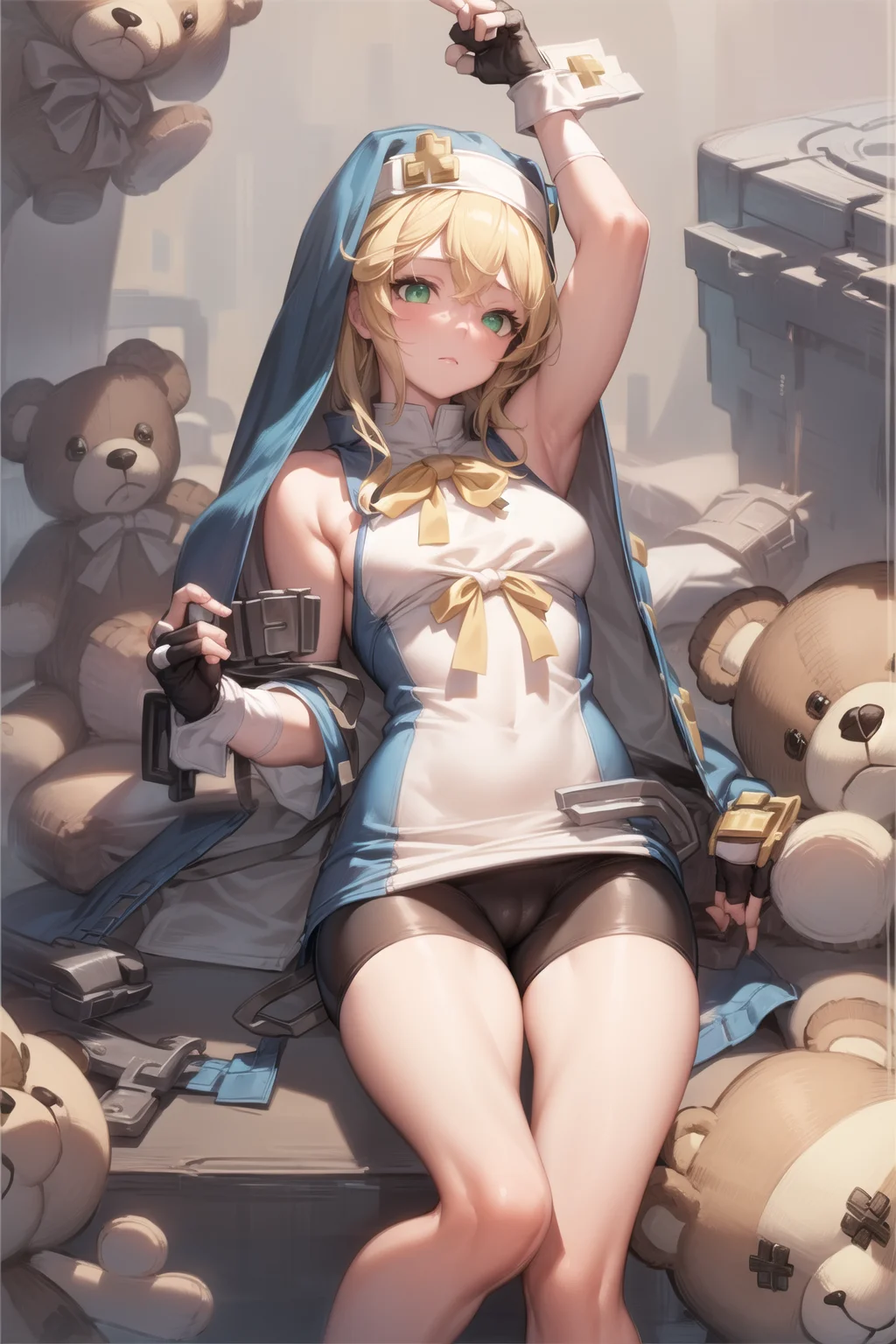 ((masterpiece)), (best quality), (detailed), (1 girl),<lora:WomanNun:1>,bridget \(guilty gear\),blonde hair,fingerless gloves,green eyes,teddy bear,bike shorts