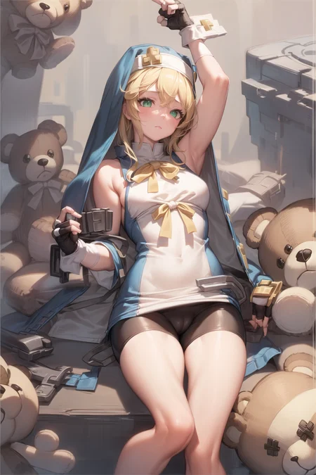 ((masterpiece)), (best quality), (detailed), (1 girl),<lora:WomanNun:1>,bridget \(guilty gear\),blonde hair,fingerless gloves,green eyes,teddy bear,bike shorts