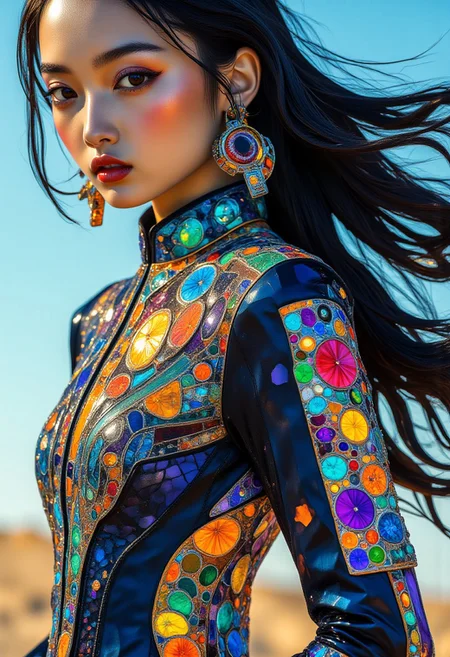 High fashion photography, a supermodel, beautiful face and eyes, TacExoGear, Exosuit, tactical gear, but subtle cybernetic enhancements that do not cover the face, A glamorous model in a futuristic rendition of traditional Chinese qipao, designed with a sleek, form-fitting silhouette and futuristic metallic fabrics. The outfit features intricate embroidery in neon threads, glowing subtly as the light reflects off the surface, leaning forward pose, Candid Emotions, from behind, looking back, straight-on, (dutch angle:0),cowboyshot, wind, floating hair, Direct Eye Contact, <lora:RM_TacExoGear_v0.2:0.5>, midjourney_whisper_avant_couture, <lora:midjourney_whisper_avant_couture_v01:1.2>, cs-cr1stal, <lora:Crystality_Flux:0.35>, <lora:midjourney_whisper_chromaplex_v1:0.45>, <lora:Midjourney_Whisper_AgateX_v1_epoch_20:0.45>,