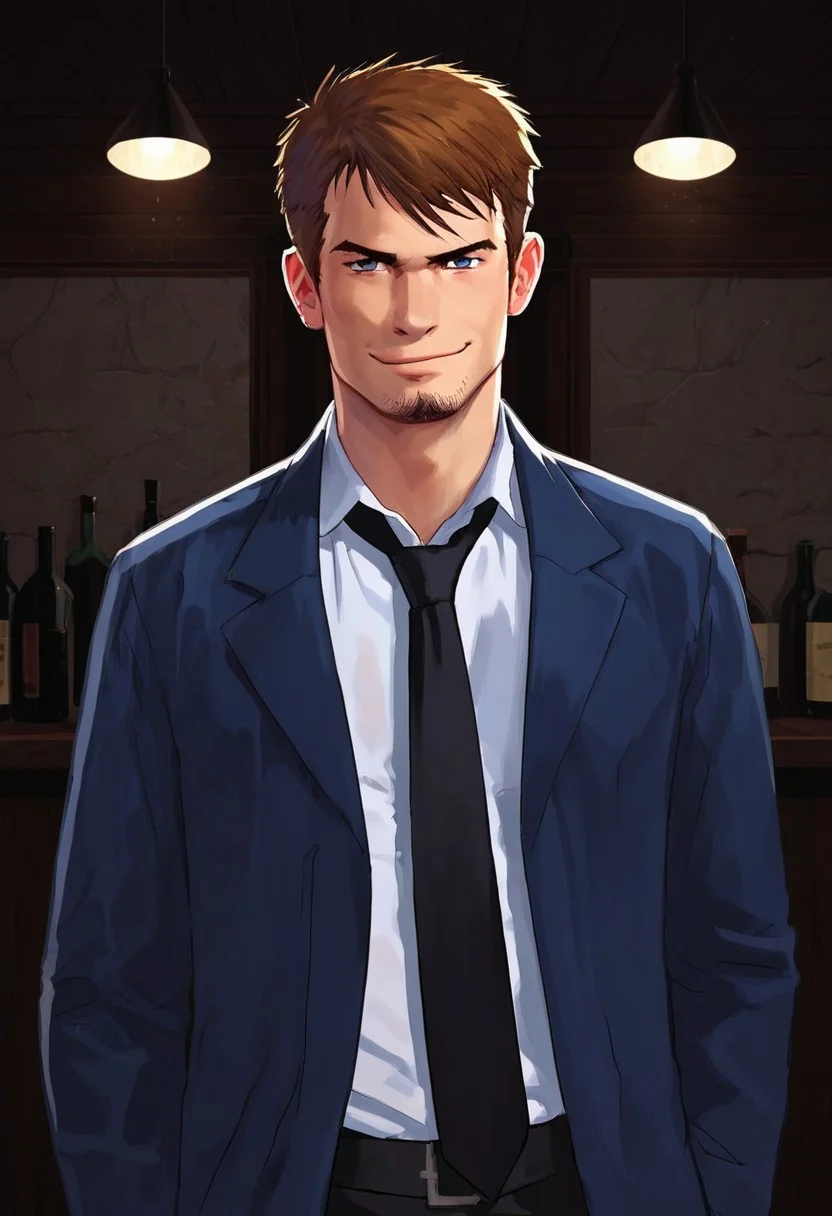 score_9, score_8_up, score_7_up, score_6_up, score_5_up, score_4_up, kyle_hyde, man, solo, brown hair, stubble, gray eyes, 34 years old, blue jacket, white collared shirt, black necktie, standing in bar, dramatic lights, looking at viewer, smirk