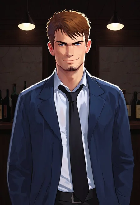 score_9, score_8_up, score_7_up, score_6_up, score_5_up, score_4_up, kyle_hyde, man, solo, brown hair, stubble, gray eyes, 34 years old, blue jacket, white collared shirt, black necktie, standing in bar, dramatic lights, looking at viewer, smirk