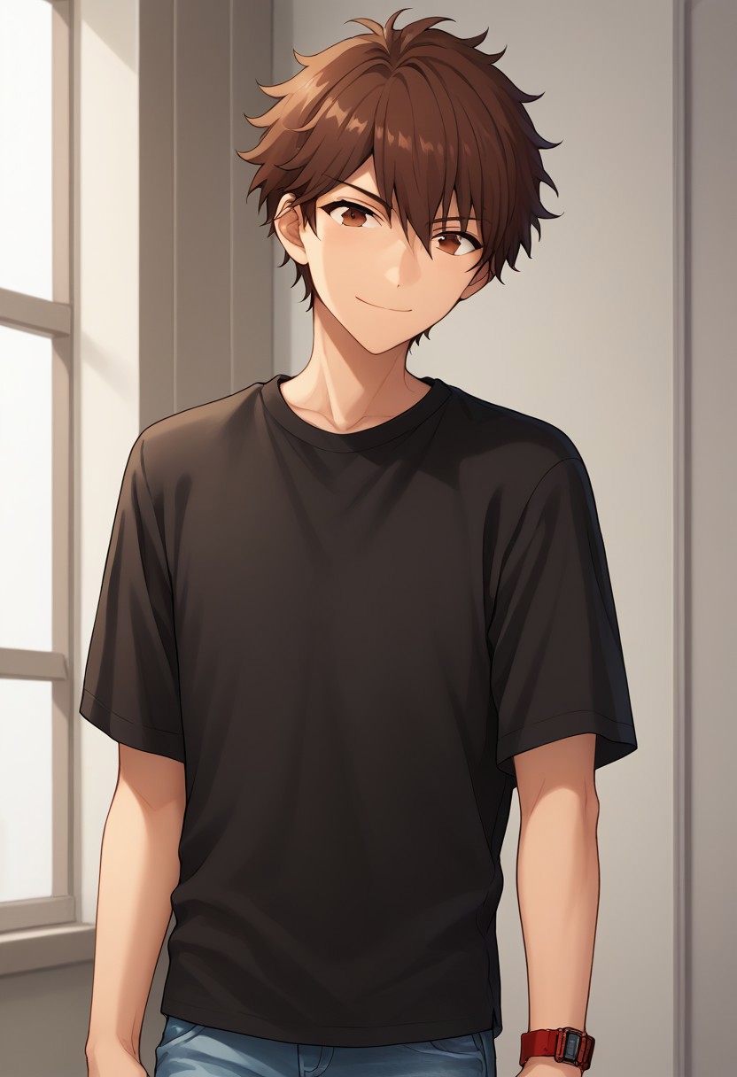 score_9, score_8_up, score_7_up, source_anime, highly detailed, 
chiaki, 1boy, male focus, brown hair, solo, brown eyes, pants, smile, watch, shirt, looking at viewer, black shirt, wristwatch, hair between eyes, closed mouth, jeans, denim, upper body