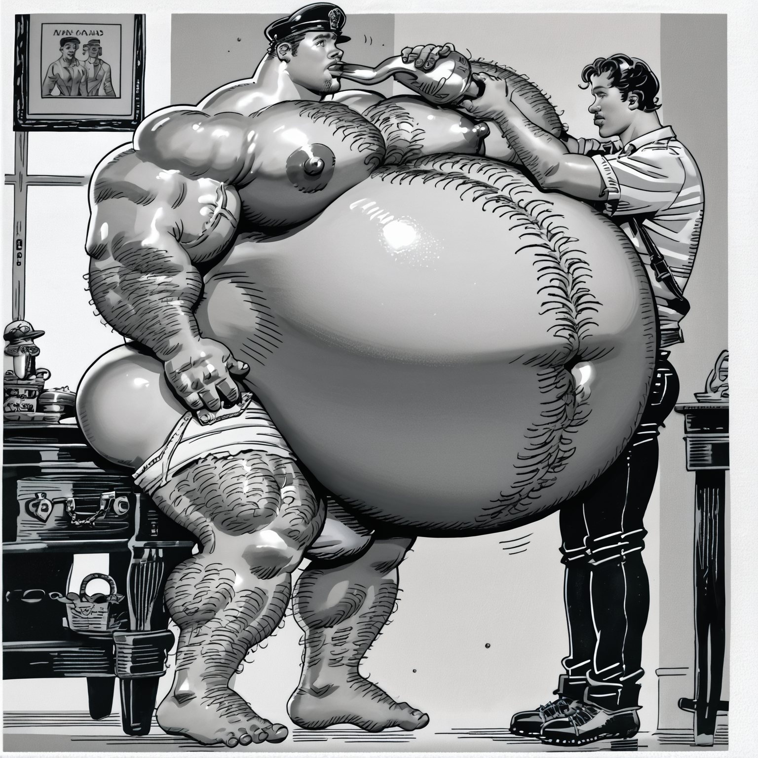 score_9, score_8_up, score_7_up, warren_davis, male, ((gigantic belly, hyper fat)), belly expansion,barefoot, hyper biceps, hairy, huge pecs, muscular legs <lora:Warren_Davis_mix_v2:1>, huge nipples,