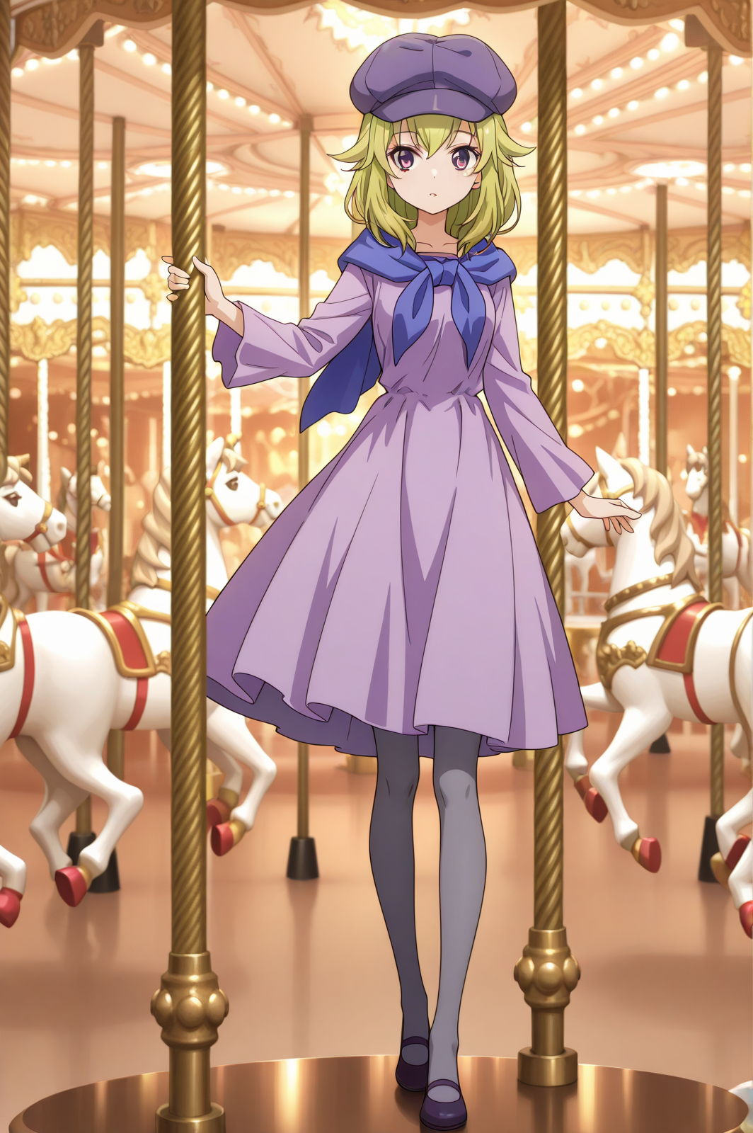 (carousel cabbie hat blue scarf purple dress grey pantyhose flats:1.50), 
ag-akashic, purple eyes, green hair,
medium breasts, 1girl, solo, skinny,
(masterpiece, highres, ultra-detailed,very aesthetic, best quality, absurdres, high quality, highres), 
lewd,
standing,
(feet:1.10), 
BREAK,
,
<lora:ag-akashic-V02-illXL:0.80>
