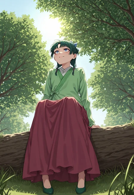 masterpiece, best quality, amazing quality, very aesthetic, absurdres, dynamic angle, ultra-detailed, highly detailed, cinematic lighting, realistic shading, BREAK, MinekuraStyle, BREAK
ADMao2, 1girl, green hair, blue eyes, freckles, flat chest, defaulthairstyle, low twintails, half updo, hair beads, blue hair bow, hair over shoulder, defaultoutfit, green aoqun, red long skirt, green flats, sitting, outdoors, grass, day, sun, tree, smile, looking up, arm support,