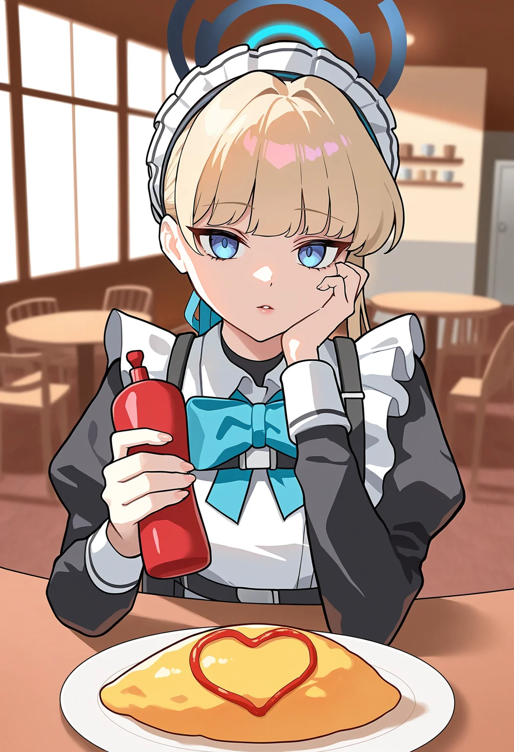 very awa, masterpiece, best quality, year 2024, newest, absurdres, highres, 1girl, toki \(blue archive\), solo, hand on own cheek, holding, ketchup bottle, food, heart, omurice, maid, blue eyes, lips, parted lips, expressionless, looking at viewer, pov across table, indoors, cafe, table, chair, window, <lora:Illustrious_Anteiru_Style_V2:1>