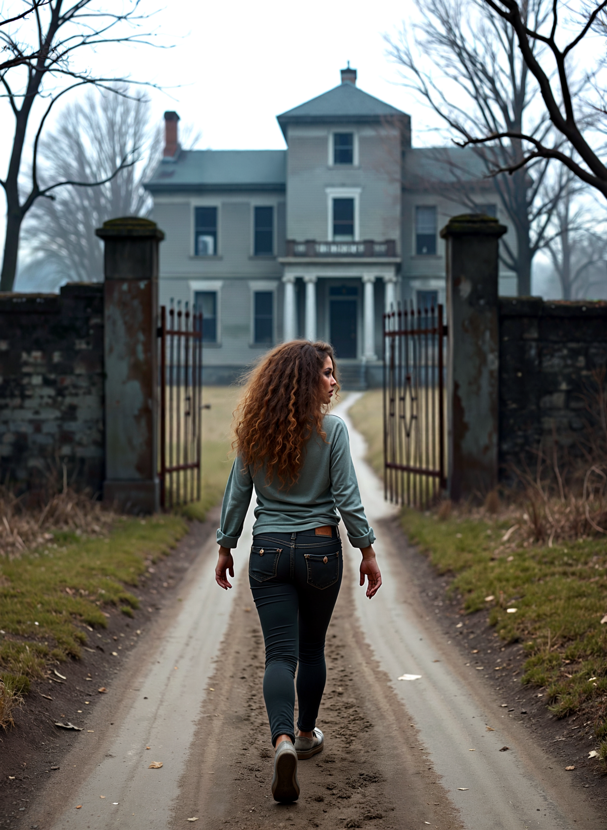 Photograph of a young woman walking down a dirt road in front of a large, two-story house. The house is painted in a light blue color with white trim and has a turret on the top. The woman is wearing a long-sleeved shirt, jeans, and sneakers. She has long curly hair and appears to be walking away from the camera. The road is lined with stone walls and there are trees on either side. The sky is overcast and the overall mood of the image is somber. <lora:add-detail-xl:.5>  <lora:Flux-style-xl-lora:.5>