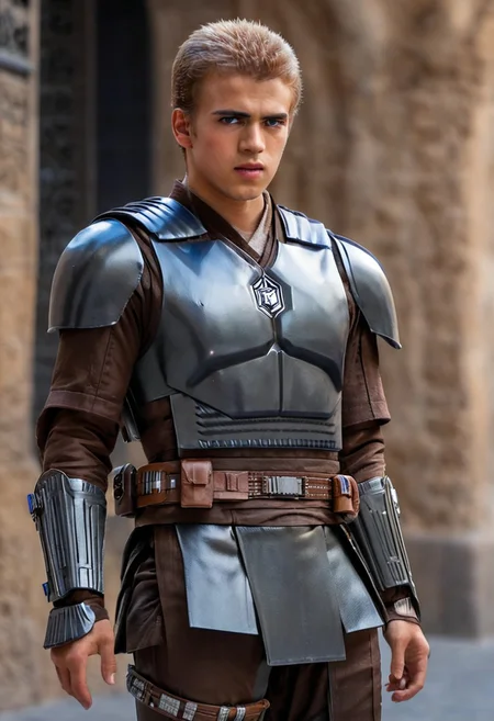 Anakin Skywalker, 18-years old, (((full-body))), blonde hair, bracers armor,7-MandalorianArmour, wide shot, street, Breathtaking, 8k resolution, extremely detailed, beautiful, establishing shot, artistic, hyperrealistic, ultra realistic render, extremely fine details, like-like render, cinematic lighting, dramatic volumetric lighting, masterpiece, light brazen, extremely detailed and beautiful face, 150mm, HDR10 <lora:Wowifier:0.69> <lora:Details:0.85>, starwars, sci-fi, fantasy, intricate, very very beautiful, elegant, neon light, highly detailed, concept art, soft light, hdri, smooth, sharp focus