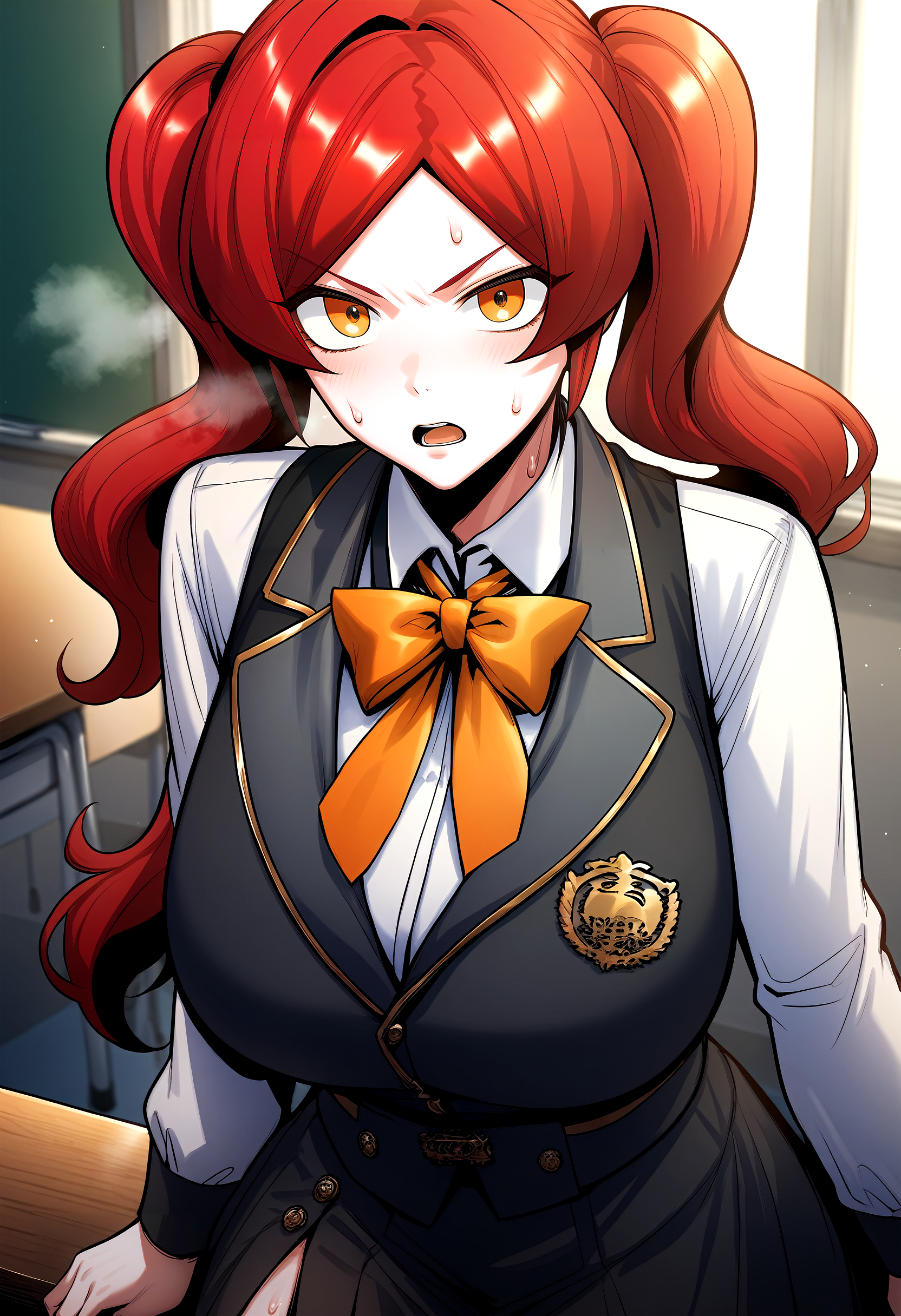 score_9, score_8_up, score_7_up, score_6_up, source_anime, rating_explicit, <lora:neg4all_bdsqlsz_V3.5:2.0>1girl, (solo:1.2), huge breasts, <lora:Tacieponyxl:1> twintails, red hair, long hair, orange eyes, parted bangs, yellow eyes, orange bow, bowtie, black vest, white shirt, collared shirt, long sleeves, black skirt, serious, open mouth, Narrow shoulders, sweat, heavy breathing, steaming body, classroom, indoor, looking at viewer, from above