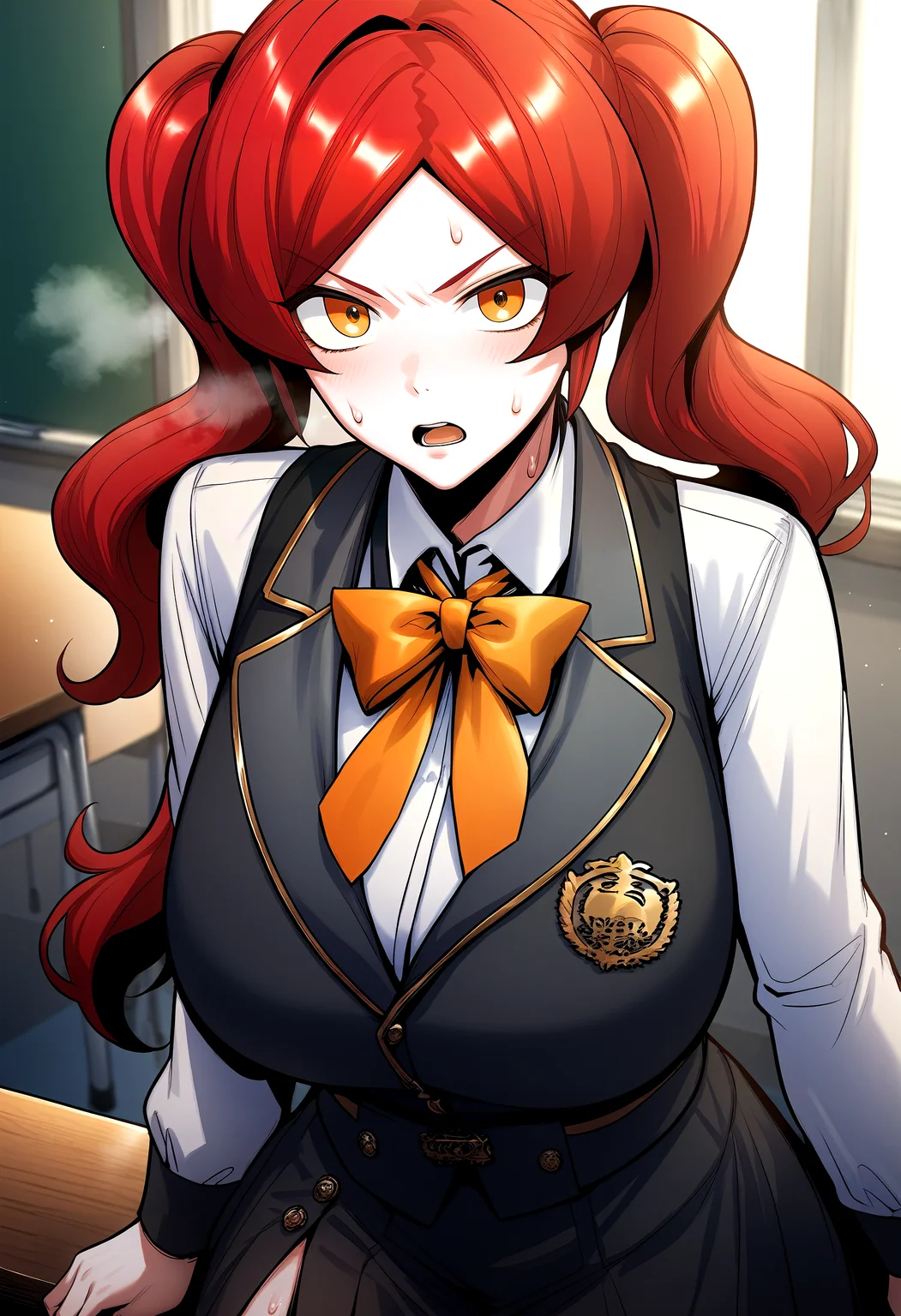 score_9, score_8_up, score_7_up, score_6_up, source_anime, rating_explicit, <lora:neg4all_bdsqlsz_V3.5:2.0>1girl, (solo:1.2), huge breasts, <lora:Tacieponyxl:1> twintails, red hair, long hair, orange eyes, parted bangs, yellow eyes, orange bow, bowtie, black vest, white shirt, collared shirt, long sleeves, black skirt, serious, open mouth, Narrow shoulders, sweat, heavy breathing, steaming body, classroom, indoor, looking at viewer, from above