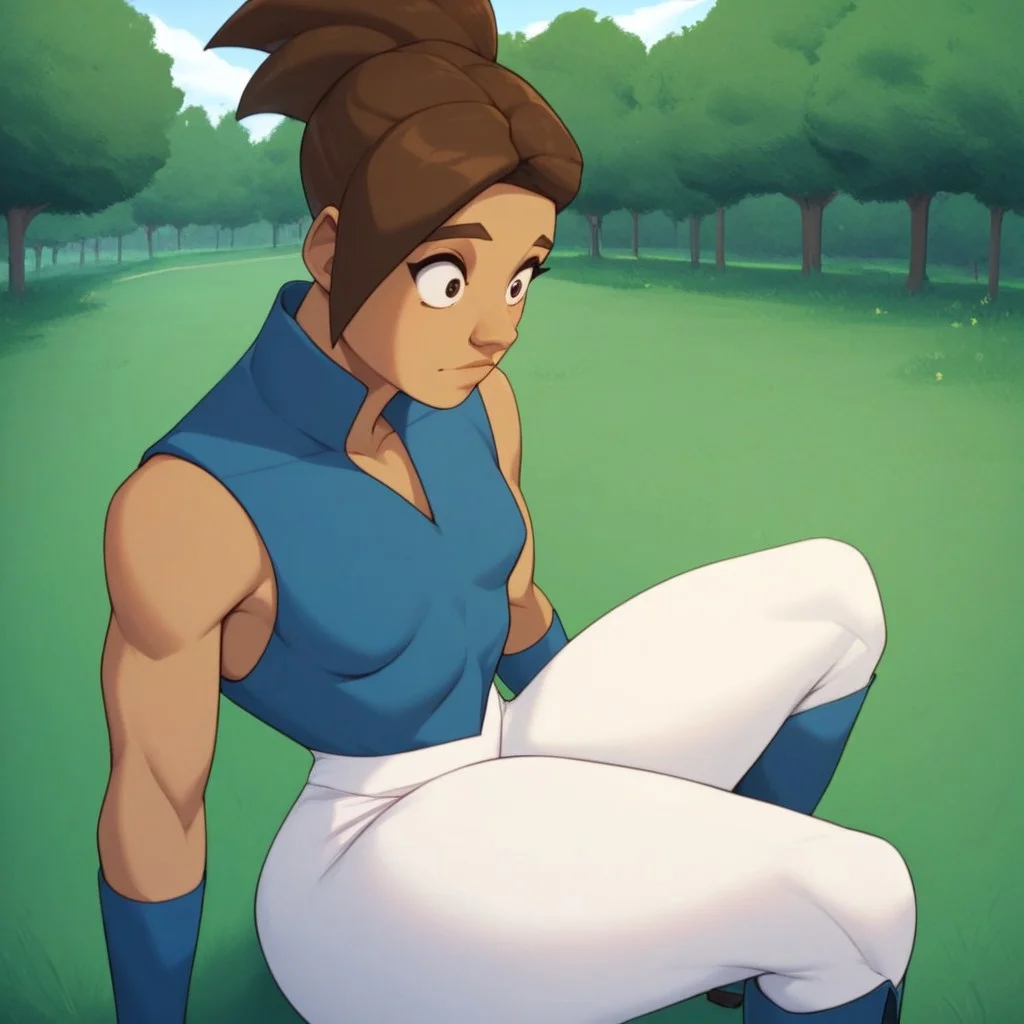 score_9,score_8_up,score_7_up,(masterpiece), best quality, expressive eyes, amazing quality, solo, 1girl, closed mouth, small breasts, boots, white pants, brown hair, thick thighs, outside, park, gloves