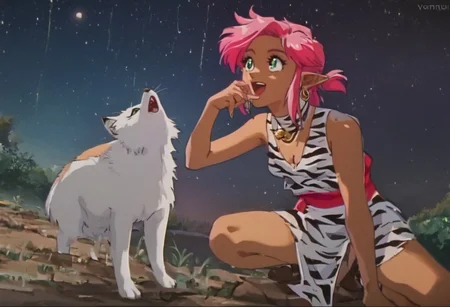score_9, score_8_up, score_7_up, score_6_up, Masterpiece, source_anime screenshot, duo, 1 girl, 1 boy, vivid colors, retro anime style, high-res, beautiful aesthetic, very intricate, high-quality details, vibrant, highly detailed, award-winning, professional, <lora:pink-ponyxl-v2:1>, sleeveless dress, white tiger print dress, pelvic curtain, cleavage, white cat ears, cat bell necklace, bright pink hair, tanned, white tiger tail, red sash, small breasts, leather shoes, detailed eyes, green eyes, detailed face, BREAK <lora:link:0.8> link1, link, soft smile, pointy ears, blonde hair, blue eyes, medium hair, side locks, earrings, short ponytail, blue hylian tunic
Break
Hyrule forest, at night, bright moon and stars, pink and link on their knees, <lora:Howling_Canine:0.5>, pink and link howling at the moon,puppy,howling,sitting pose,head back,mouth open