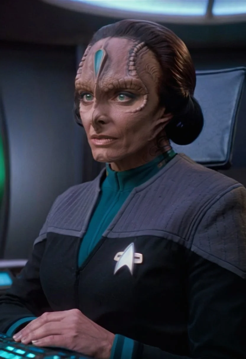 8k HDR, Cinematic film still portrait from blockbuster sci-fi science fiction movie, 35mm Fujifilm, IMAX, extremely detailed, female c4rd45514n alien, forehead crest, grey skin, ridges, scales, wearing (black and grey ds9st uniform, teal collar)