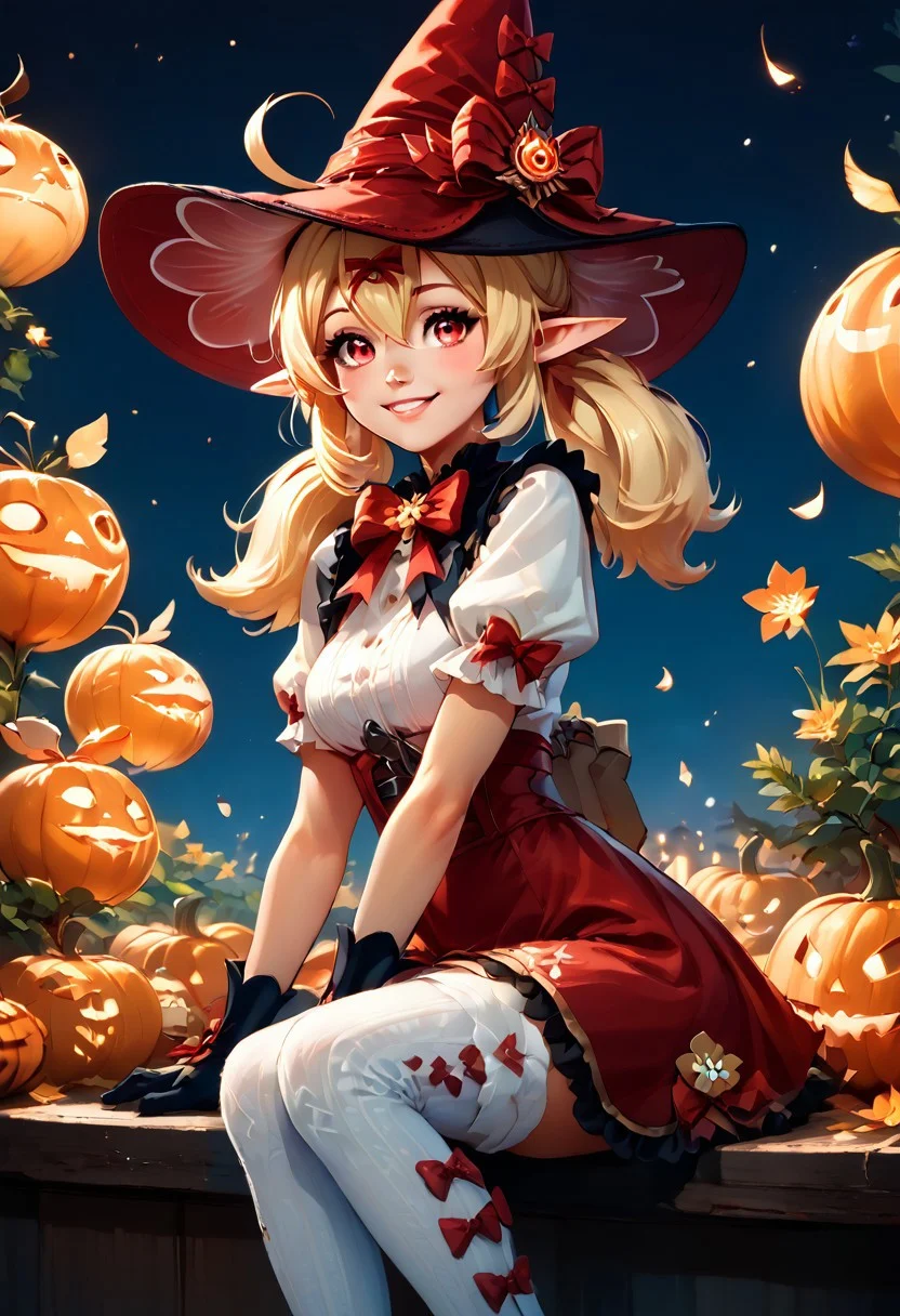 score_9, score_8_up, score_8, medium breasts, (curvy), cute, eyelashes,
,,,
zzKlee, hair between eyes, red eyes, ahoge, blonde hair, long hair, low twintails, pointy ears, twintails, witch hat, bow, gloves, short sleeves, black gloves, alternate costume, sidelocks, hat bow,
,,,
BREAK, zzEiffelTower in background, sitting, watercraft, boat, sitting on wall, side view, looking at viewer, smile,
,,,
BREAK,
night, glowing, pumpkins, blooming stars, luminescent petals, otherworldly fragrance blurry background,
,,,
zPDXL, Expressiveh,