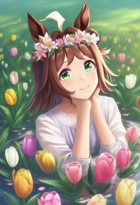 (umamusume, rhein_kraft_(umamusume), horse_ears, horse_girl, tail, 1girl, ahoge, animal_ears,)
casual, Tulip,Tulip flower, Tulip flower_field,
head_wreath, looking_at_viewer, solo, aesthetic, absurdres, symmetric , , g0ldsw0rthy,
(realistic, photo, artistic, medium_hair, one_eye_closed, petals, relaxing, smile, spiralling vortex made of multicoloured tulips, lush foliage sunrise, ripples, reflective, jaynl-tm, rainbow,green_eyes, hair_between_eyes, hair_ornament, : 0.7)