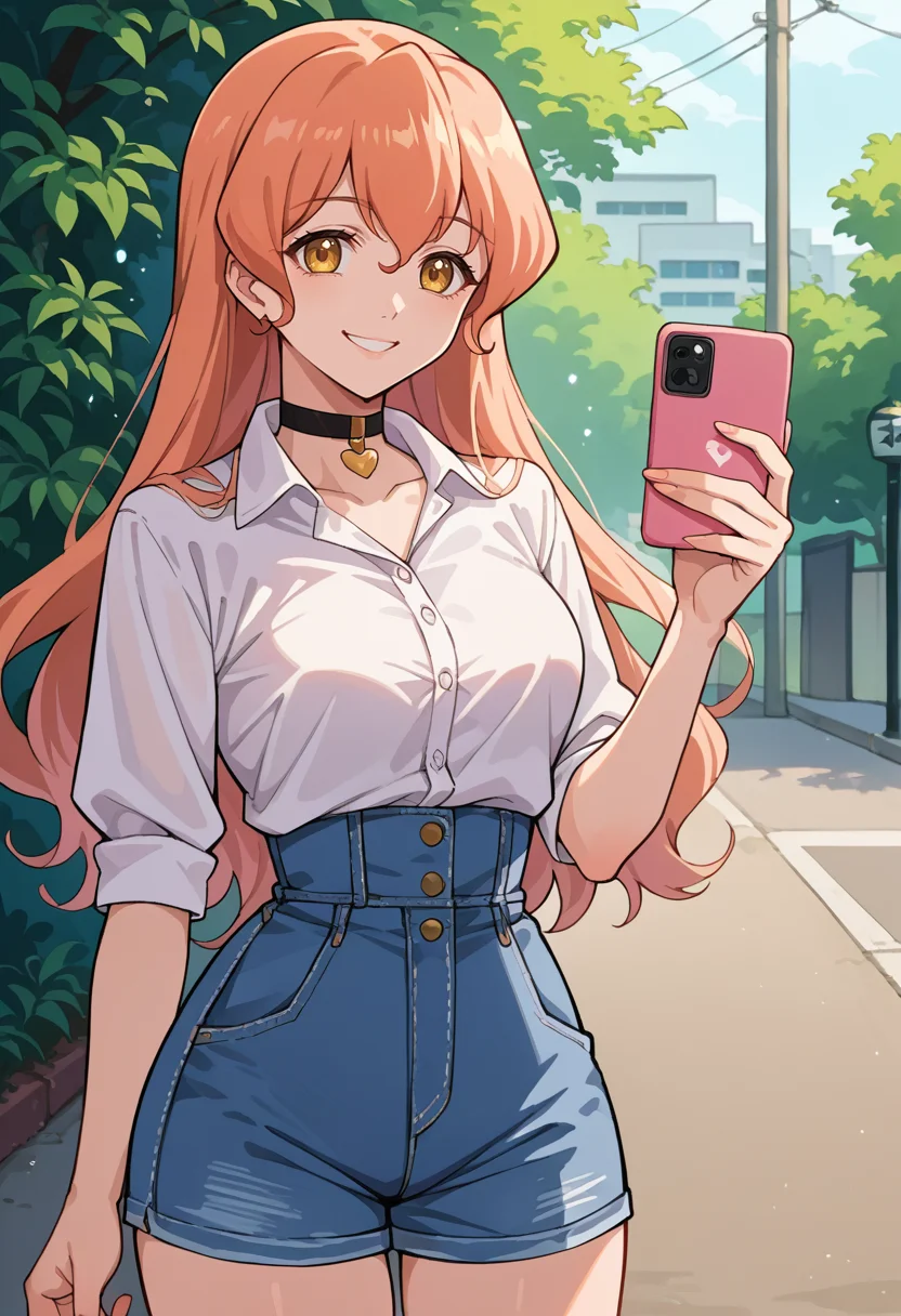 score_9, score_8_up, source_anime, 1girl, solo, Muginami, yellow eyes, pink hair, long hair, white shirt, dress shirt, black choker, holding cellphone, denim shorts, high-waist shorts, outdoors, smile, <lora:ChamMuginamiPonyXL:1>