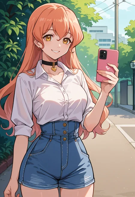 score_9, score_8_up, source_anime, 1girl, solo, Muginami, yellow eyes, pink hair, long hair, white shirt, dress shirt, black choker, holding cellphone, denim shorts, high-waist shorts, outdoors, smile, <lora:ChamMuginamiPonyXL:1>