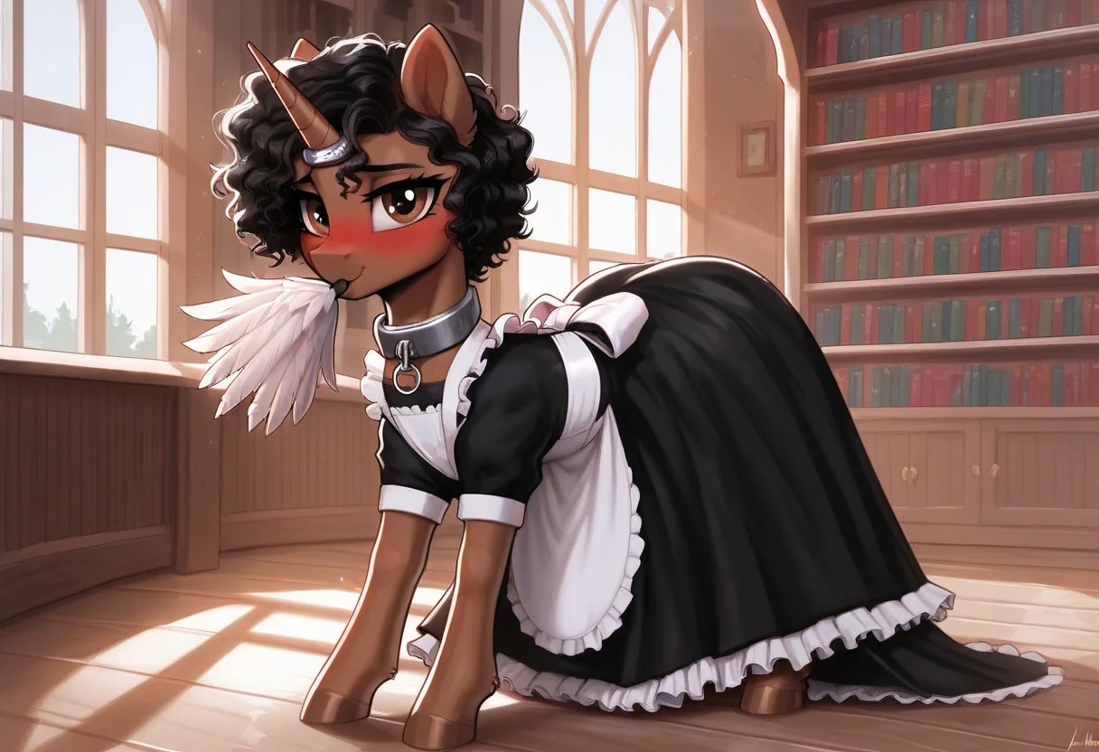 score_9, score_8_up, score_7_up, score_6_up, score_5_up, g4, pony from my little pony friendship is magic, big flanks, anatomically correct, unicorn, unicorn horn, feminine, twink, femboy, trap, feminine male, girly boy, male, chocolate brown body,chocolate brown fur, jet black mane and tail, short mane, female manestyle, short hair, curly hair, unkept hair, Hispanic hair, Hispanic, unicorn, long horn, slender, thin, femme, brown eyes, meek, timid, shy, blushing, feral, eartip blush, embarrased, meek, solo, feather duster, duster in mouth, dusting, cleaning, feather duster in mouth, facing away from viewer, looking at viewer from the corner of his eye, younger, petite, curly hair, unkept hair, Hispanic hair, short hair, mare's manestyle, female manestyle,
Indoors, mansion, library, dusty ,cobwebs, inside, manor,
Japanese maid attire, long skirt, proper maid, maid suit, iron collar, metal collar, horn ring,  slave, enslaved, dubious consent, kidnapped, solo, feral, bent over, bending over, ass up, face down