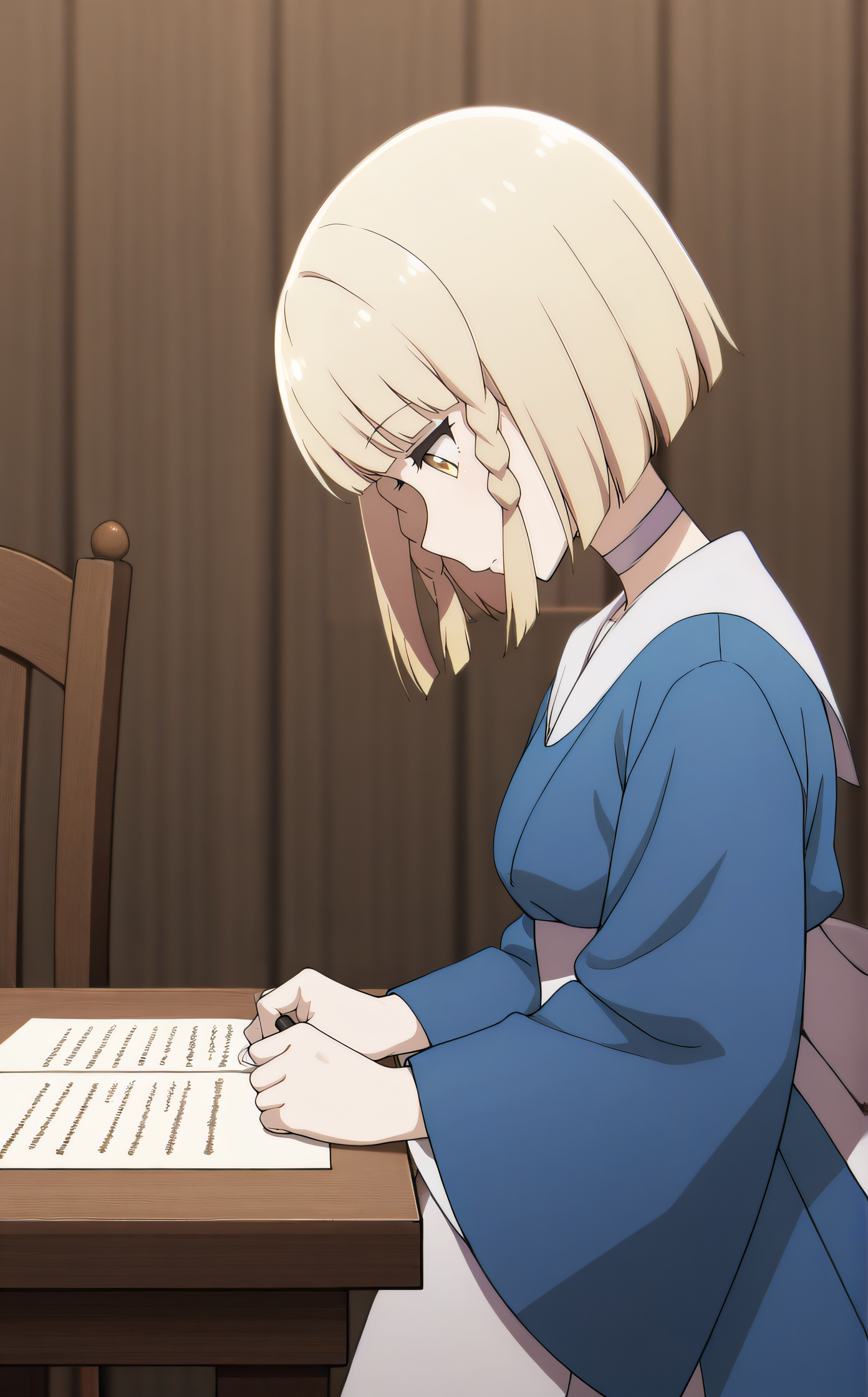 masterpiece, best quality, highres, newest, scenary, 1girl, solo, official style, <lora:IL_Alize:1>, alize, white choker, blue dress, wide sleeves, looking down, five fingers, indoor, chair, table, side view, writing