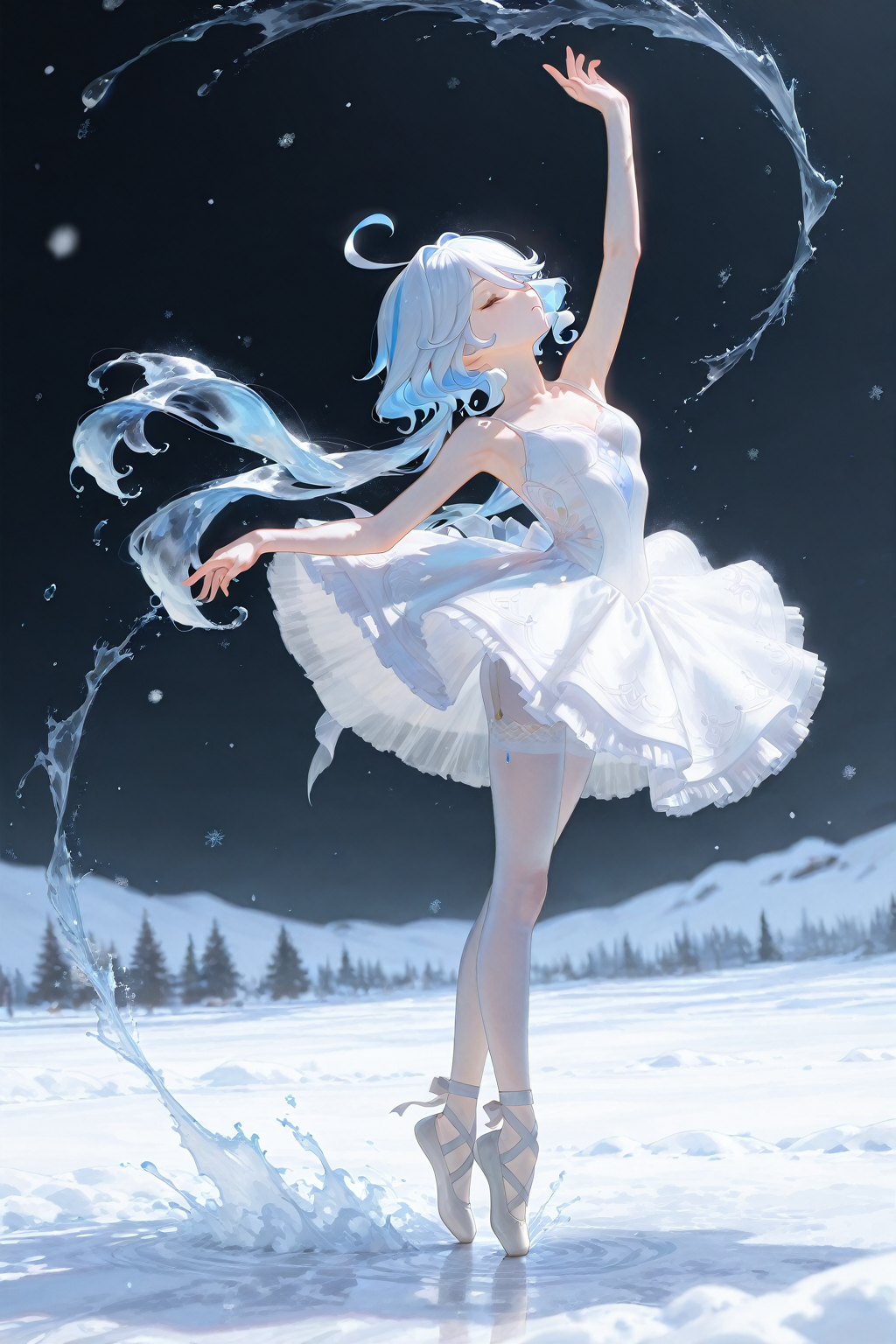 masterpiece,best quality,1girl,solo,oil painting,blurred,(pale colors, muted colors, dark:1.3),1girl,solo,furina (genshin impact),alternative costume,white ballet dress,ballet shoes,pointe shoes,dancing ballet,balancing,closed eyes,liquid ballet dress,liquid hair,elegance,endless sea,black sky,grace,water splashes,snow,white snow,snowing,completely black sky,<lora:Mistbloom:0.7>,<lora:FengliLee_IL_Style:0.3>,F3n6l1,<lora:MatteSkin_Illustrious_v4:1>,