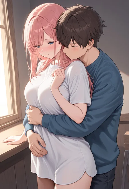 masterpiece, best quality, amazing quality, 1girl, 1boy, hug, hug from behind, boy behind, front shot,