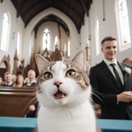 cinematic photo  cat foreground blurry, church background, man, woman wedding, <lora:CatPhotoBomb-000010:0.7>, (dutch angle), parody, meme . 35mm photograph, film, bokeh, professional, 4k, highly detailed