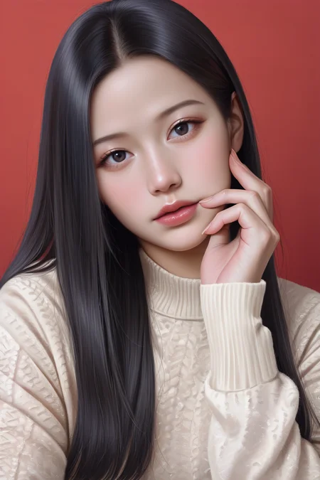 (photorealistic), masterpiece, best quality, newest, absurdres, highres, realistic human skin texture,
20 years old, 8k, hd, beautiful girl, 1girl, solo, black hair, long hair, straight hair,
1girl, detailed face, beautiful woman's face, sweater, simple background, looking at viewer,