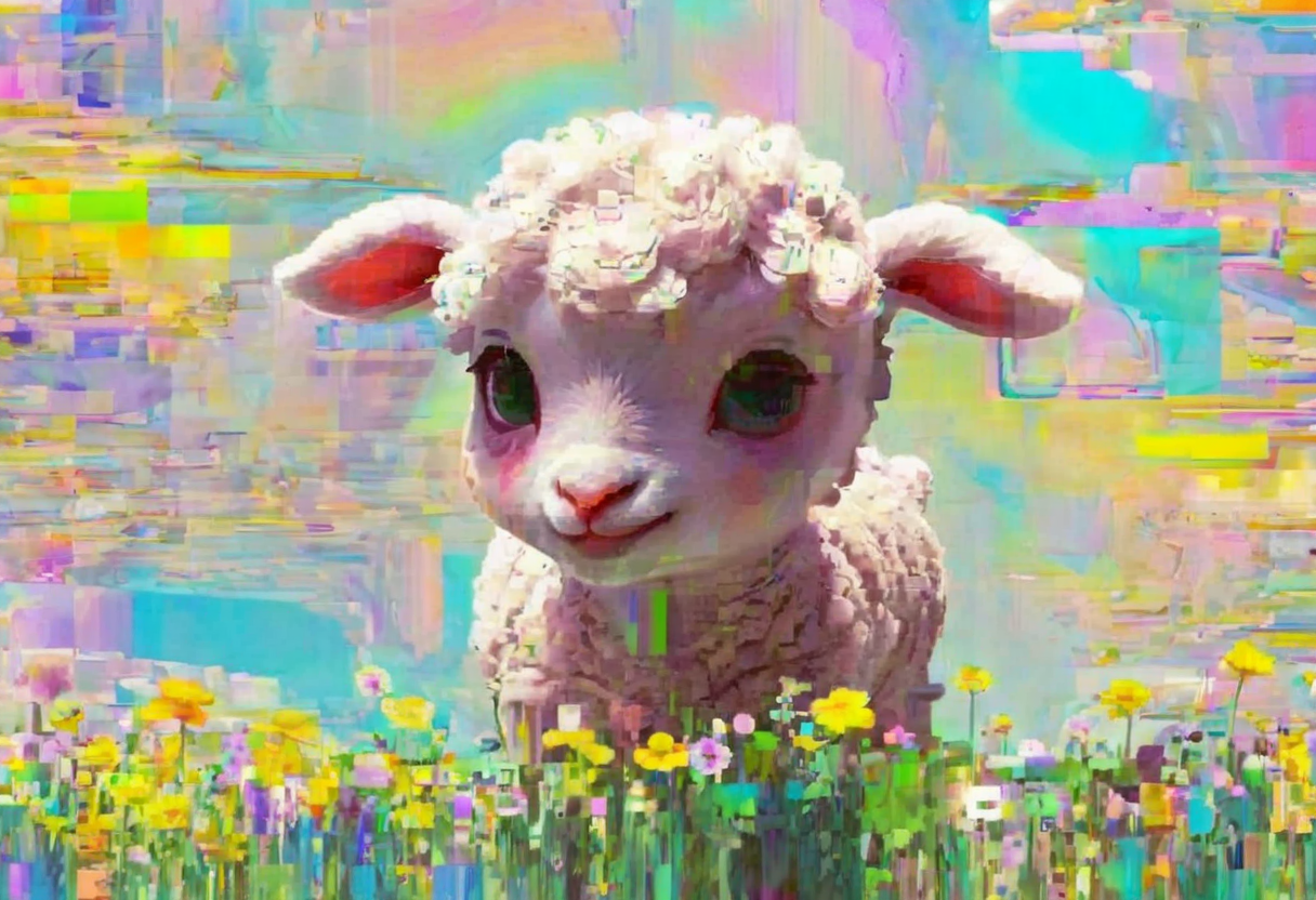 cute cartoon character, lamb enjoying springtime flowers, glitch art <lora:glitched-v1.0.1-extracted:1.35>