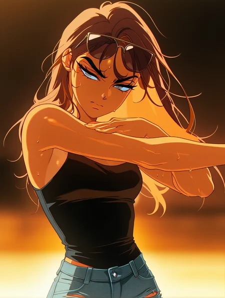 wiegevivinos, hyunawiege, adult, 1girl, solo, sweat, grey eyes, sweat, blurry background, warm light, serious expression, tan skin, long hair, brown hair, hair againts the wind, brown retro sunglasses, golden hue, black singlet, ripped jeans, pose, head_tilt