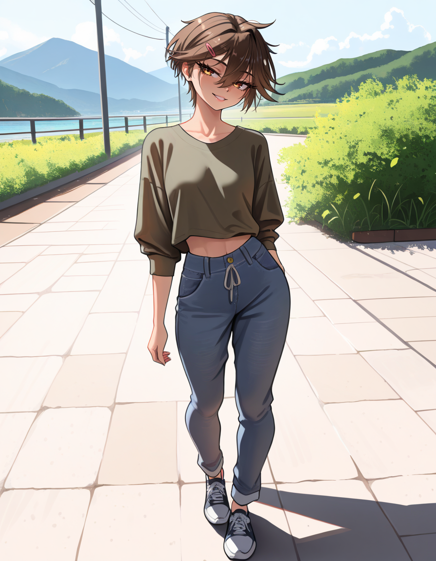 masterpiece, best quality, very aesthetic, absurdres,
outdoors, casual, 
full body, standing, posing, 
 seductive smile, parted lips, long eyelashes,
<lora:Sasha_v01_NAIXL:1>
S4sh4,1girl,solo,tomboy,short hair,brown hair,hairclip,hair between eyes,brown hair,bangs,