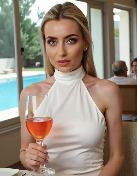 High quality photo of a woman with a ponytail in a romantic italian restaurant. She is wearing a high neck closed white dress and is sitting directly opposite the viewer. She is holding a glass of Aperol Sprizz. Her mouth is slightly open. Behind the woman is a large window with a view of a swimming pool.