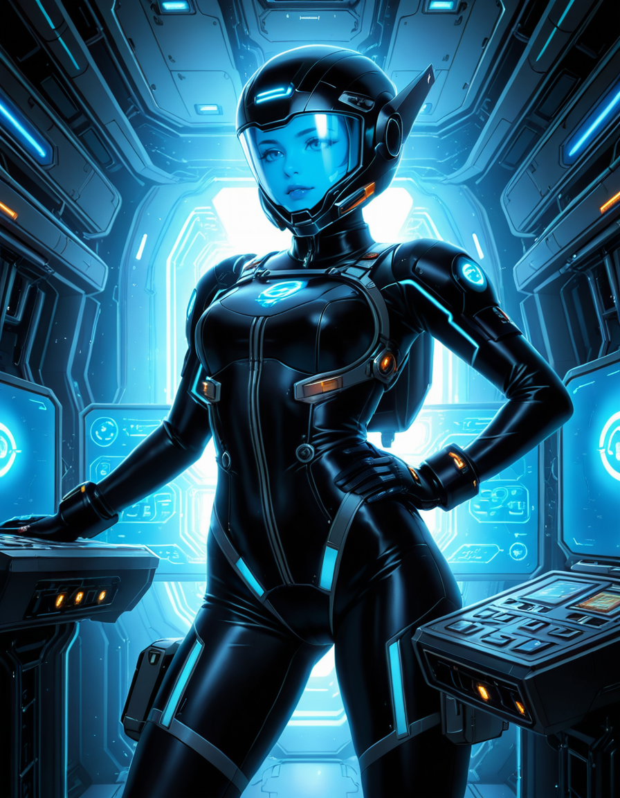 <lora:3ng1n3_r00m:1>,A highly detailed and cinematic depiction of a confident woman standing in the 3ng1n3 r00m of a futuristic spaceship. She is wearing a sleek and advanced space uniform, with a metallic sheen and intricate details like glowing blue energy lines running along the seams of her suit. Her uniform is form-fitting, with visible patches indicating her rank and position, and a high-tech helmet tucked under her arm. She has short, neatly cut hair, a determined expression, and a calm yet commanding presence.
The engine room around her is illuminated by a mix of bright white and soft blue lights, reflecting off the polished metallic surfaces of the machinery. Massive, glowing energy cores pulse with light in the background, emitting a soft hum. Pipes, cables, and control panels surround her, each detailed with futuristic textures and glowing interfaces. The room feels alive with motion, as small holographic displays and robotic arms work automatically. The overall mood is futuristic, highly technological, and awe-inspiring, with sharp contrasts between the cold metallic surfaces and the warm light from the energy cores.
The image is rendered in a hyper-realistic and cinematic art style, with an emphasis on intricate details, dramatic lighting, and rich textures.<lora:SDXLFaeTastic2400:0.4> <lora:extremely_detailed:0.4> extremely detailed,, Masterpiece,best quality,hi res,8k,hi res,8k,award winning,(sharp focus, intricate, highly detailed),