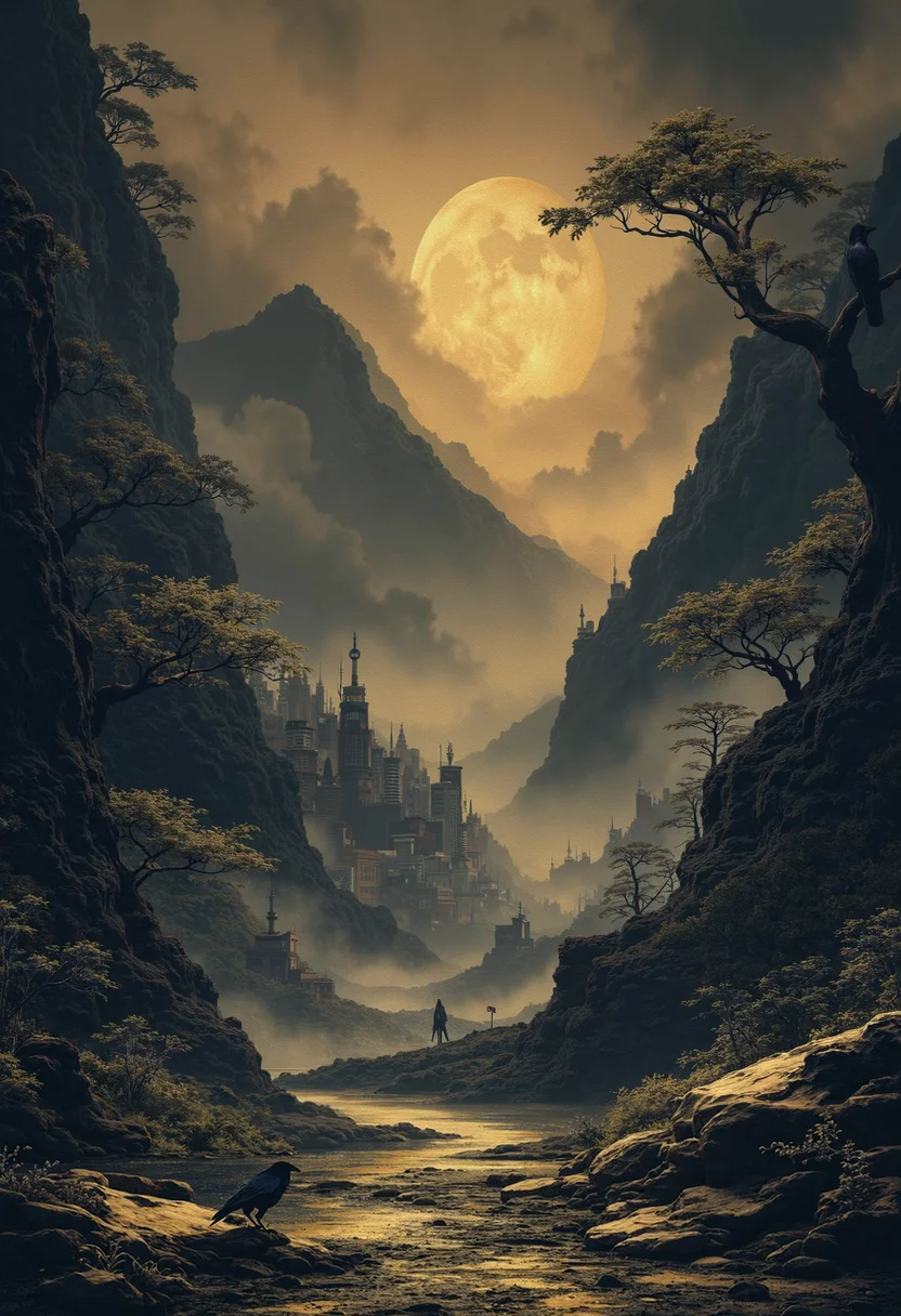 bo-golden, a serene and mystical scene, a lone raven sits on a bare tree branch in the foreground, positioned directly in the center of the frame, facing the viewer, the raven's dark blue body stands out against the backdrop of a dramatic sunset sky filled with swirling clouds and a full moon, in the background, a distant mountain range is shrouded in mist and mist, with distant buildings visible in the distance, to the right of the raven, a barren landscape stretches out, complete with sparse trees and rocky terrain, the overall atmosphere is one of solitude and mystery, inviting the viewer to step into the mystical world of the scene<lora:boFLUX Golden Noir Abyss.safetensors:1.0:1.0>