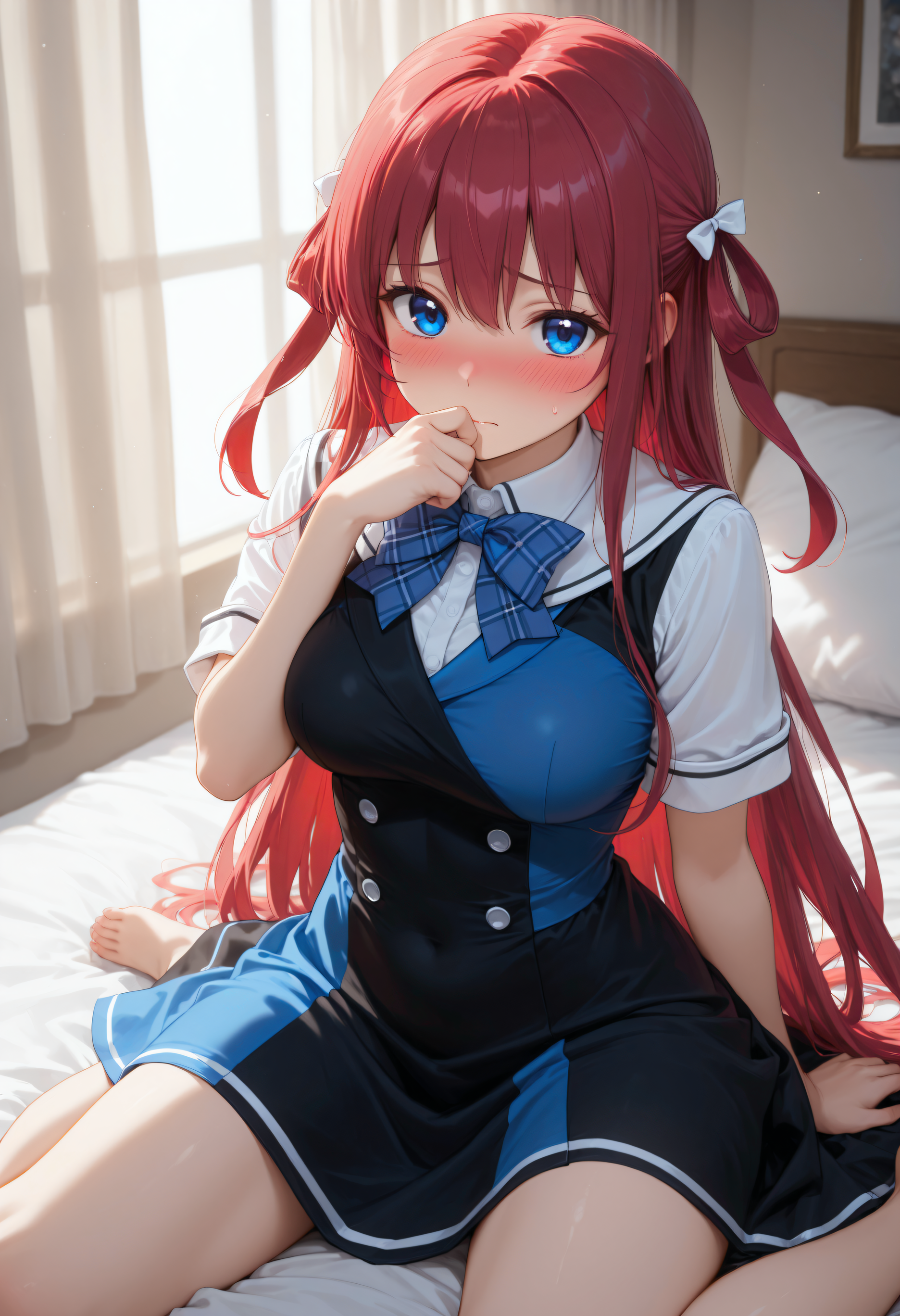 <lora:Char_SuouAmane:1>, red hair, long hair, blue eyes, two side up, hair bow, hair rings, white bow,
Am4Sch, asymmetrical dress, blue dress, black dress, two-tone dress, double-breasted, blue bowtie, plaid bowtie, sailor collar, short sleeves, white sleeves,
on bed, curtains, leaked light, sunlight, wariza, blush, looking at viewer, hand on own mouth, shy, very awa, masterpiece, best quality, highres, absurdres
