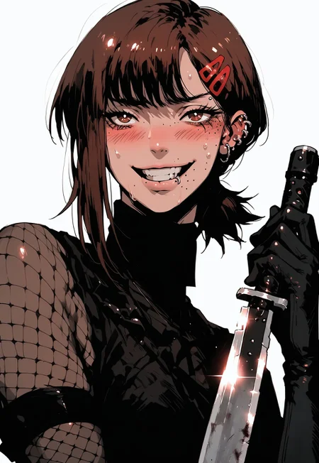 safe_pos, safe_pos, score_9, score_8_up, score_7_up, source_anime, kobenidef, mole under eye, mole under mouth, single sidelock, short ponytail, hairclip, brown hair, brown eyes,  shoulder holster, utility belt, wearing_nbu, black gloves, elbow gloves, black thighhighs, holding combat knife, 1girl,  piercings,  toned, excessive pubic hair,  hairy stomach, hairy armpits, happy trail, slender, thin, skinny, embarrassed, blushing, sexy posing, sweating, <lora:KLK_NudistBeach-IL:0.8>
