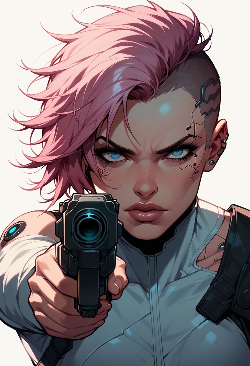 niji comix style, 1girl, solo, weapon, gun, pink hair, holding gun, holding weapon, holding, short hair, white background, handgun, lips, looking at viewer, upper body, cyberpunk, simple background, cable, blue eyes, finger on trigger, aiming at viewer, cyborg, undercut, science fiction, makeup, piercing, comic art style, illustration PnyCmicPosXL
 zPDXL2