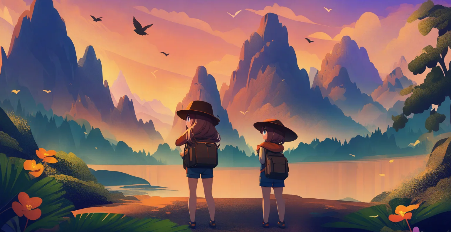 illustration,outdoors,shorts,cloud,tree,bird,plant,scenery,big eyes,sunset,mountain,wide shot,mountainous horizon,masterpiece,best quality,1girl,hat,
<lora:scenery illustration:1>,