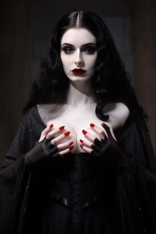 (Belgian) witch woman, 23 years old, (beautiful:1.75), (very pale skin:1.35), (gothic makeup:0.99), (Red Lipstick:1), (black hair), (anime:0.35), (oval face:0.25), (Halloween), (night), (front view:1.25), (elegant), 10 minutes before the world will end, (back light), hyper-realistic, (ultra-detailed:1), (insanely detailed:1), 4k, realistic 8k, shot on portra 400, (((masterpiece))), (perfect composition:1.55), (best quality), (HD), (Leonardo Da Vinci:0.10), ((Transylvanian Castle)), Perfect hand, Hand, Detailed hand