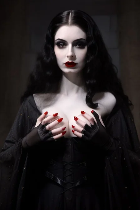 (Belgian) witch woman, 23 years old, (beautiful:1.75), (very pale skin:1.35), (gothic makeup:0.99), (Red Lipstick:1), (black hair), (anime:0.35), (oval face:0.25), (Halloween), (night), (front view:1.25), (elegant), 10 minutes before the world will end, (back light),  hyper-realistic, (ultra-detailed:1), (insanely detailed:1), 4k, realistic 8k, shot on portra 400, (((masterpiece))), (perfect composition:1.55), (best quality), (HD), (Leonardo Da Vinci:0.10), ((Transylvanian Castle)), Perfect hand, Hand, Detailed hand