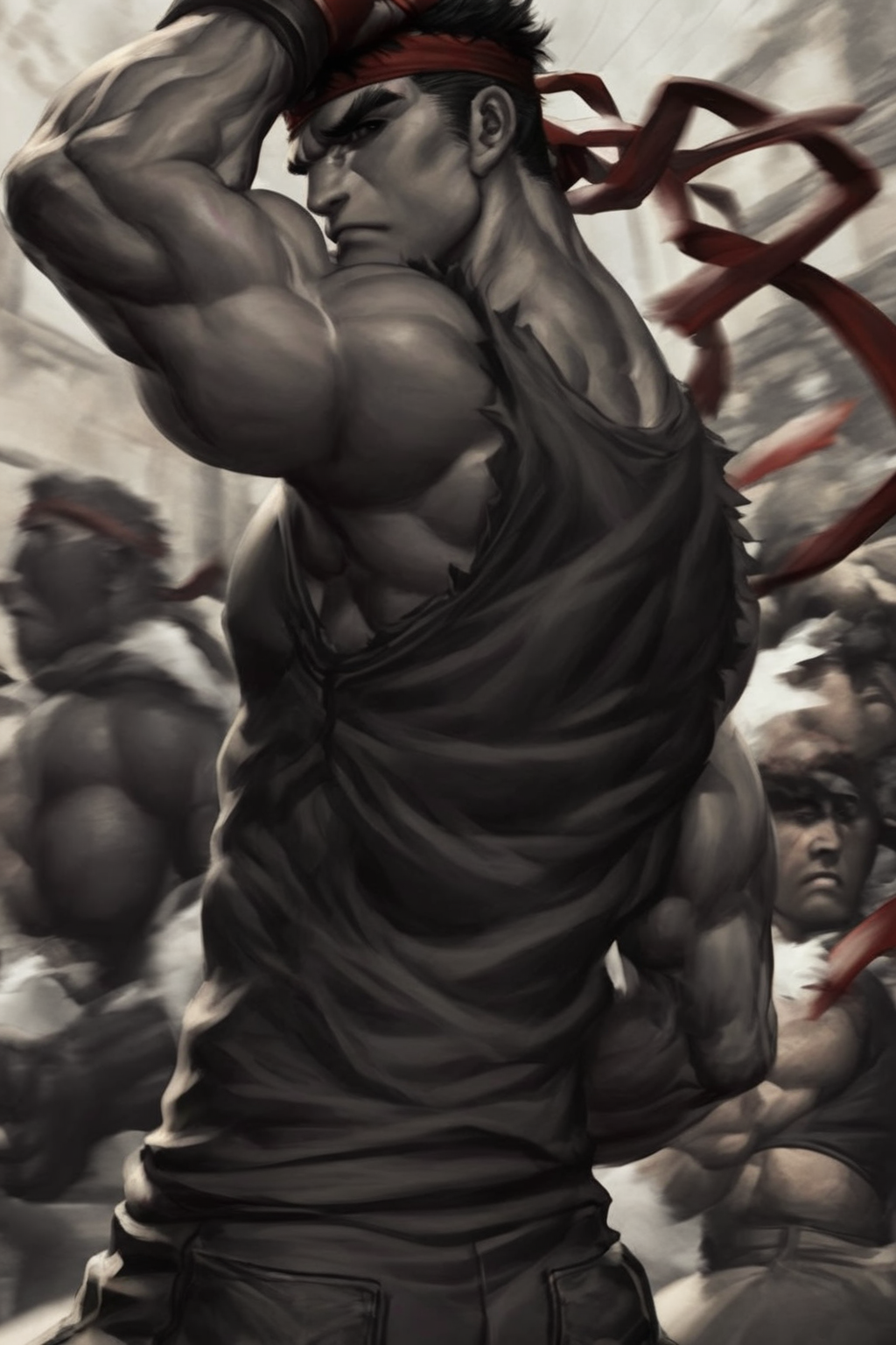 score_9, score_8_up, score_7_up,  street_fighter street_fighter_ii_(series) street_fighter_v ken_masters ryu_(street_fighter) 2boys abs black_hair dougi gloves grey_background headband looking_at_viewer looking_back male_focus monochrome multiple_boys muscular pectorals serious shirt short_sleeves signature simple_background sleeveless spot_color thick_eyebrows upper_body
 <lora:ArtgermPony:1>