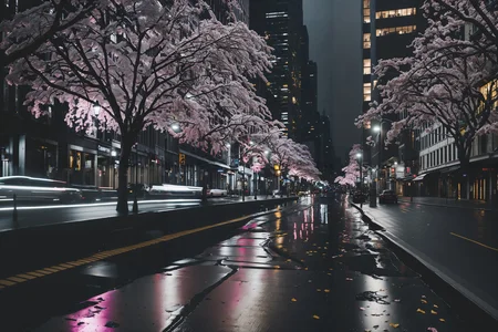 a photo of a city street in rain at night, skyscrapers, raindrops, puddles, passing cars, asphalt road, pink sakura blossom trees, falling leaves, high quality, high resolution, very coherent, clear focus, well defined