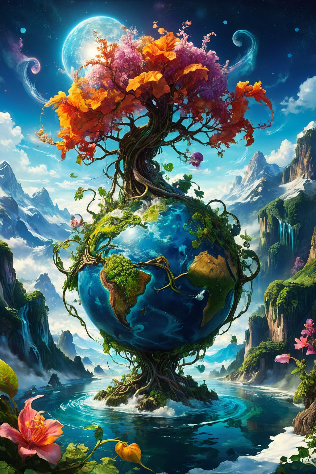 A surreal, fantastical scene featuring a bizarre plant that has grown into the shape of the Earth. The plant's tendrils wrap around the globe, with vibrant leaves and flowers blooming from its surface. The Earth is depicted with exaggerated, glowing colors, and the continents are interwoven with the plant's roots and vines. The background features a dreamy, otherworldly landscape with floating islands and a star-filled sky. The atmosphere is mystical and enchanting, blending the natural beauty of the plant with the surreal image of the Earth. Fantasy, surreal, high-definition, magical, vibrant, detailed, enchanting, mystical, imaginative, otherworldly, glowing, intricate, dynamic. transparent earth, glowing earth, (Ice and snow, ice earth, freezing earth:1.2),
<lora:ral-mtclniscp-sdxl:0.6> ral-mtclniscp,
<lora:add-detail-xl:1.0>,
<lora:EldritchMixIllustration_1.0:0.35>,
<lora:WildcardX-XL-Detail-Enhancer:0.85>,
<lora:quality1:1.0>,
<lora:extremely_detailed:1.0>, extremely detailed,
<lora:SDXLFaeTastic2400:0.35>