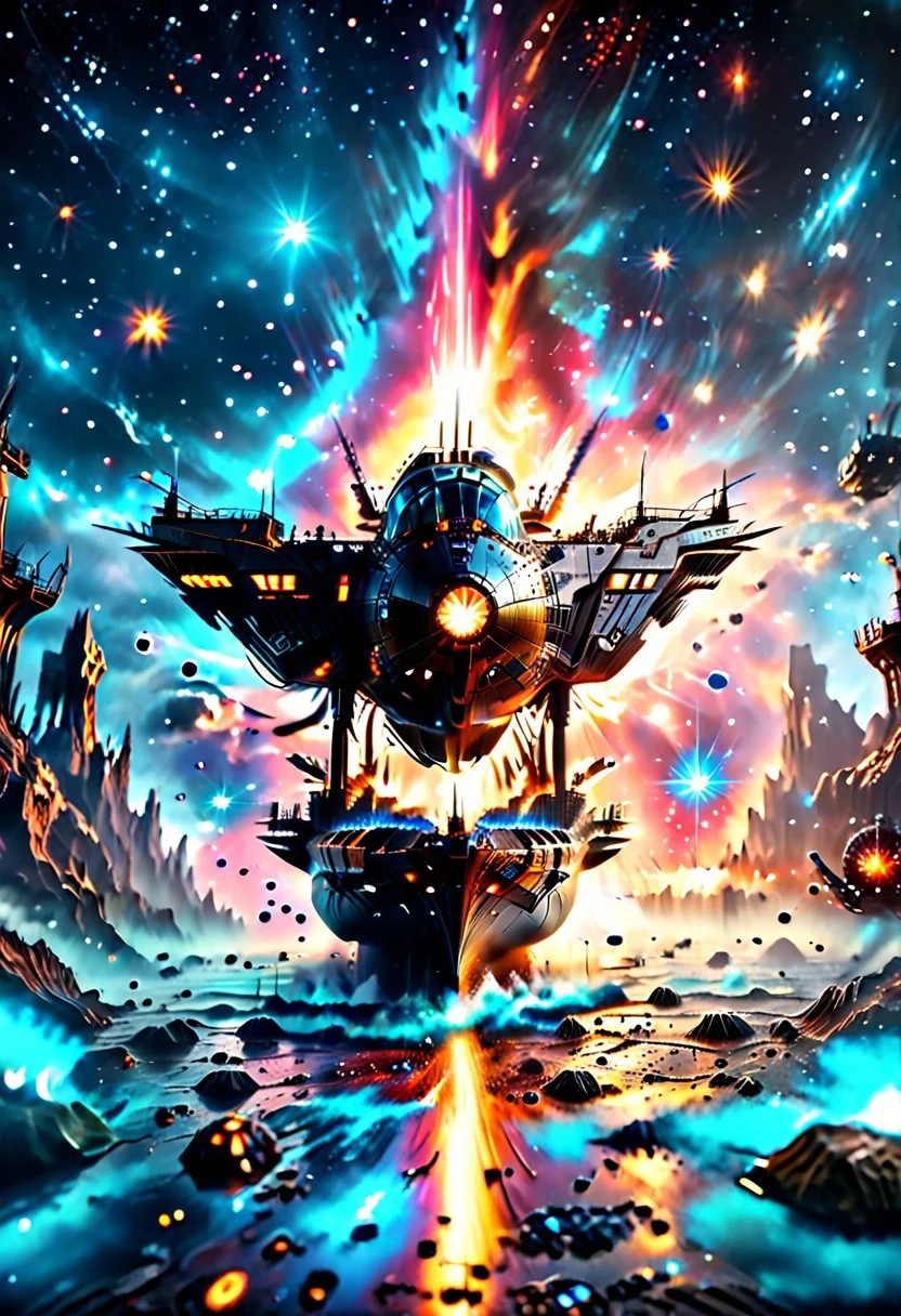 high quality, 8K Ultra HD, highly realistic, The great and sleek black ship is moving forward, blasting through space. It has powerful cannons facing forward that are unleashing powerful blue neutron beams upon an unseen foe. Embark on an enchanting 8K photorealistic journey as a magnificent starship blasts through a star system.  The ship gracefully flies among other ships. The starship's design boasts advanced technological elements. The camera captures every minute detail, by VelvetS, octane render,from slightly to the side.  perfectly symmetrical ship.  Weapons fire blue energy beams, 
<lora:DonM3t3rn1tyXL-v1.1:0.7>, DonM3t3rn1tyXL,
OverallDetailXL  <lora:MJ52:0.3>  <lora:SDXLFaeTastic2400:0.4>