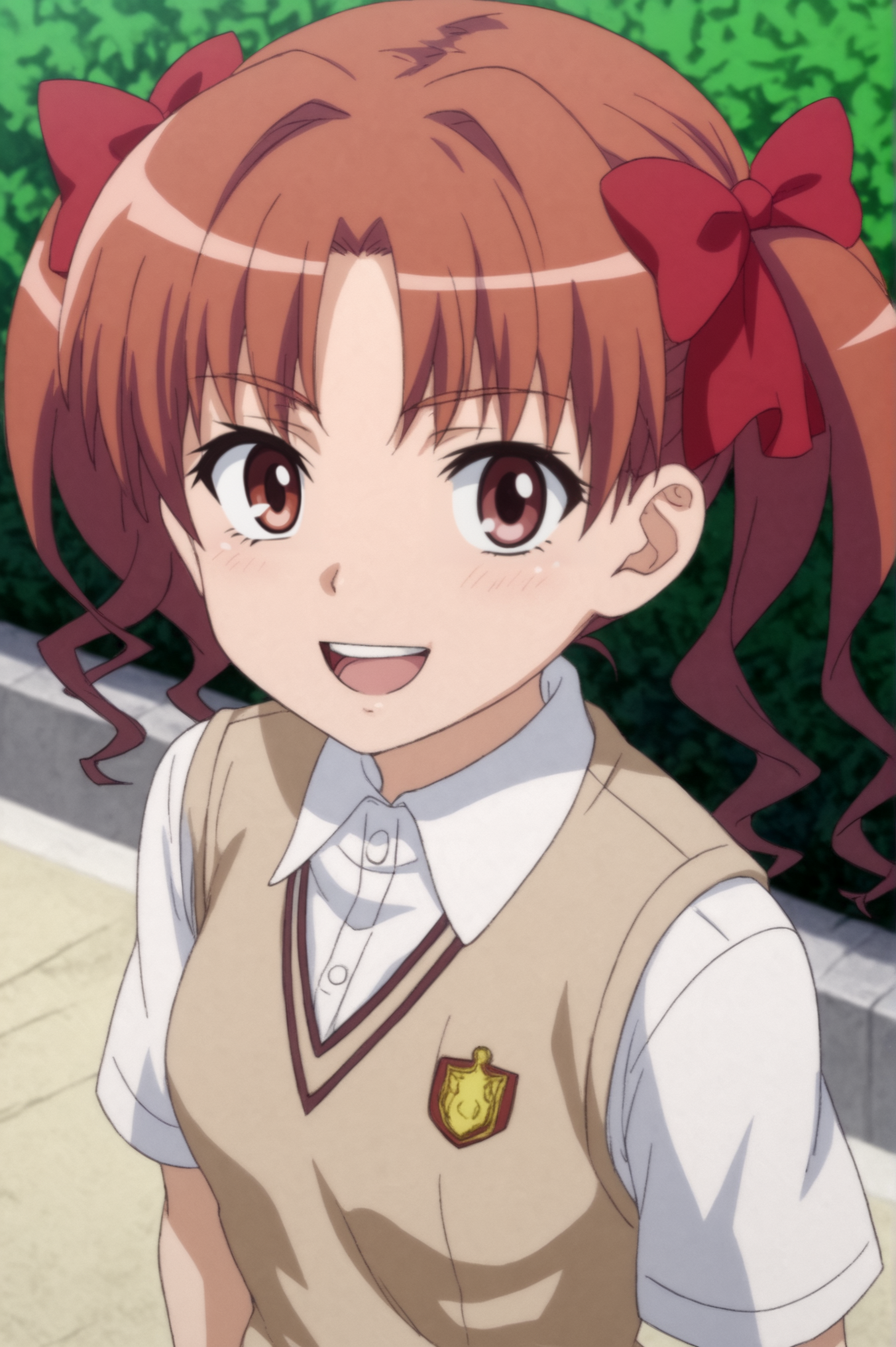 <lora:Kuroko_Shirai:0.7>,  Kuroko Shirai, 1girl, solo, looking_at_viewer, smile, open_mouth, shirt, bow, ribbon, school_uniform, white_shirt, upper_body, :d, outdoors, teeth, collared_shirt, red_bow, upper_teeth_only, shadow, from_above, looking_up, sweater_vest, emblem, summer_uniform, tokiwadai_school_uniform, anime_coloring, brown_sweater_vest, school_emblem <lora:sdxl_lightning_4step_lora:1>